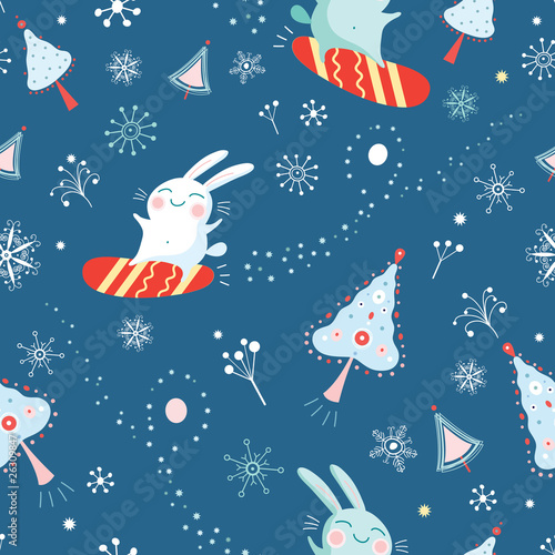 Seamless pattern of bunnies on snowboards