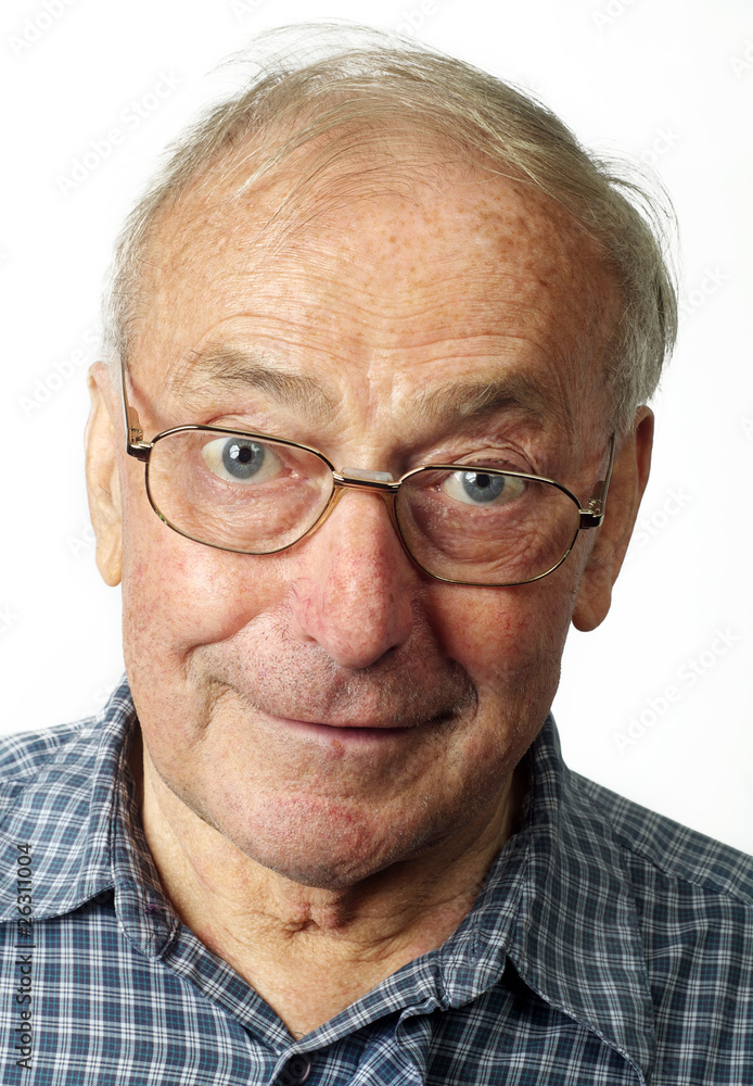 old man smiling in closeup wearing glasses. old man smiling in closeup wearing glasses.