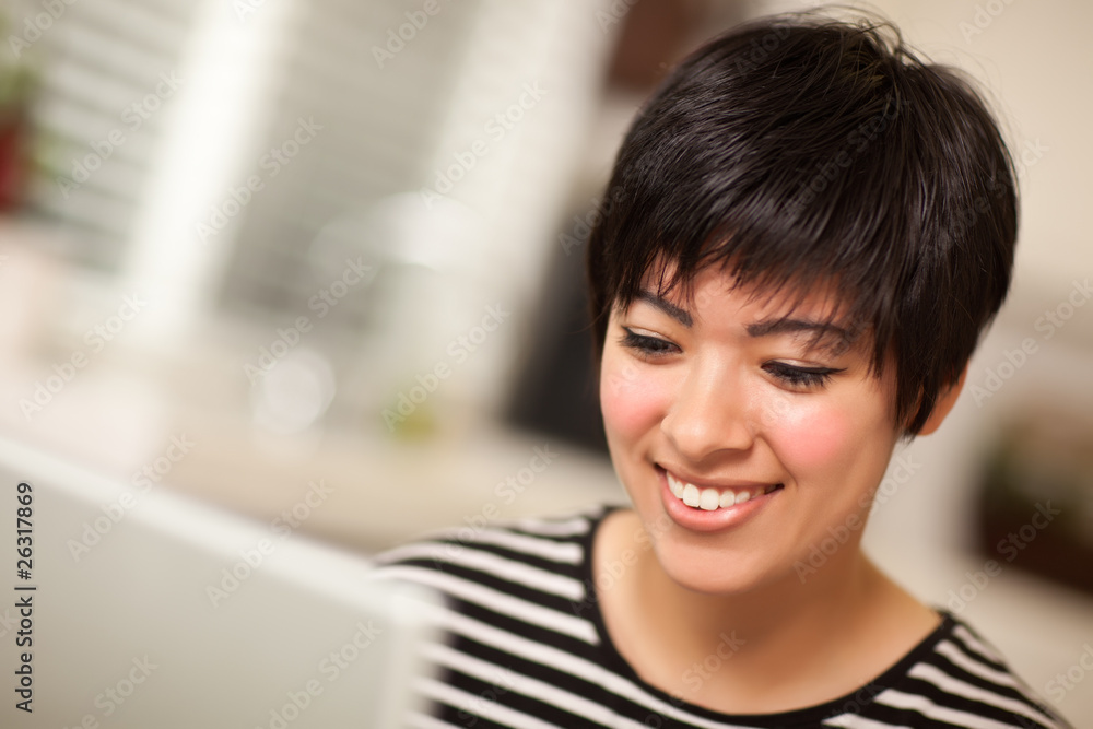 Pretty Smiling Multiethnic Woman Using Laptop Pretty Smiling Multiethnic Woman Using Laptop