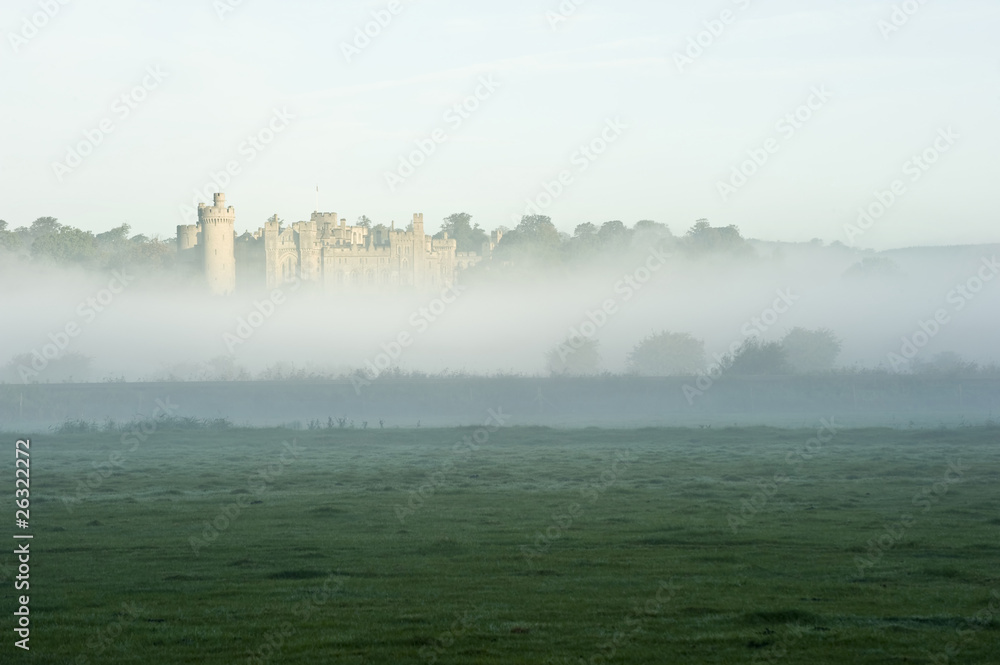 Forest and field scene witth mist and fog with ancient castle vi Forest and field scene witth mist and fog with ancient castle vi