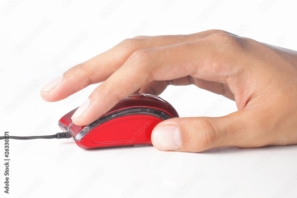 gesture of hand using a tiny red computer mouse gesture of hand using a tiny red computer mouse