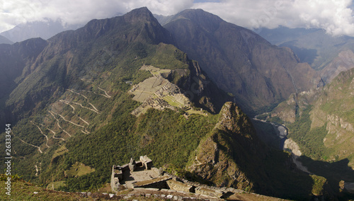 Machu Picchu and mountains seen from Wayna Picchu ruins