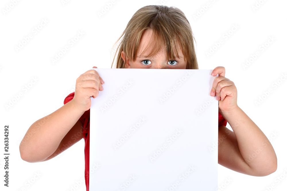 Small girl carrying a blank paper with room for text isolated Small girl carrying a blank paper with room for text isolated