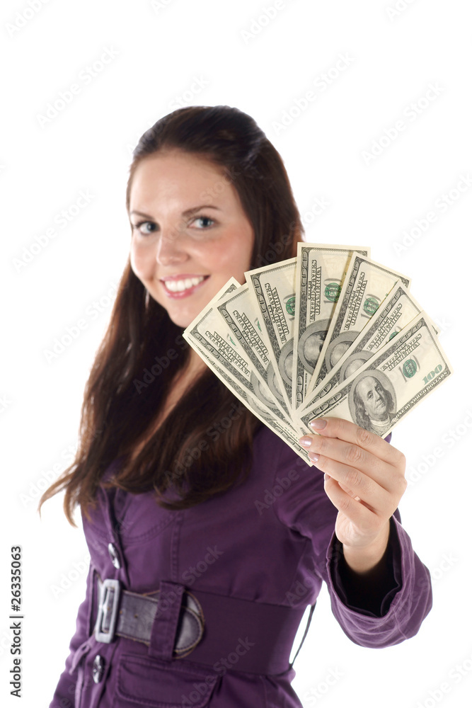 Smiling female with pile of dollar (focus on hand) Smiling female with pile of dollar (focus on hand)