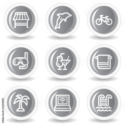 Vacation web icons, circle grey glossy buttons