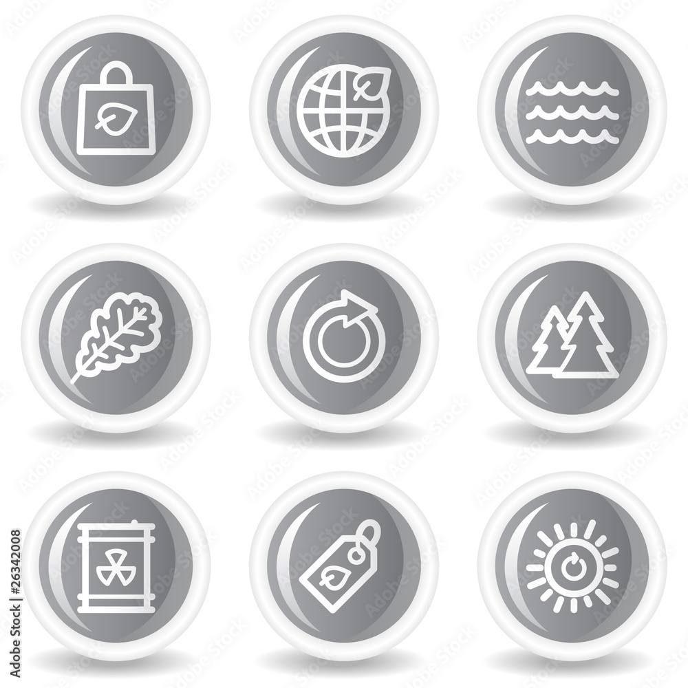 Ecology web icons set 3, circle grey glossy buttons