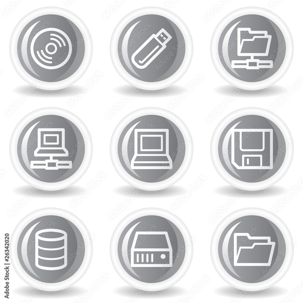 Drives and storage web icons, circle grey glossy buttons Drives and storage web icons, circle grey glossy buttons
