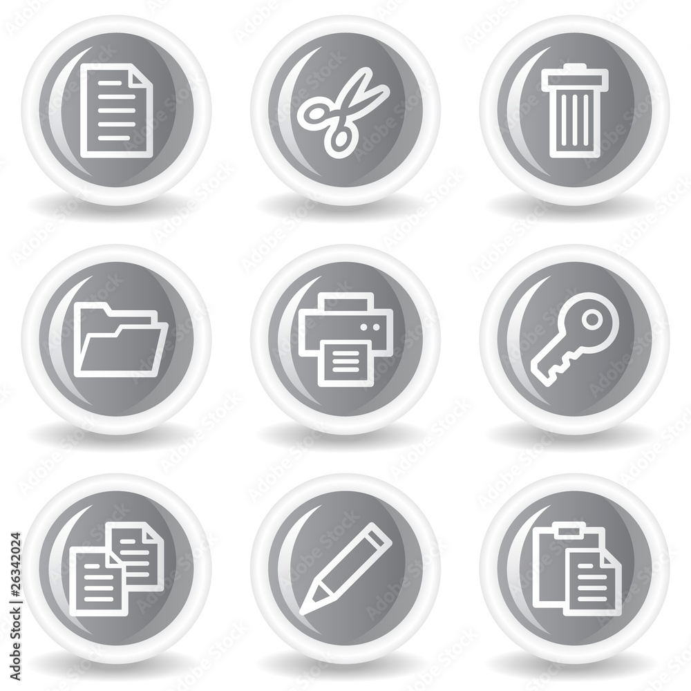 Document web icons set 1, circle grey glossy buttons Document web icons set 1, circle grey glossy buttons