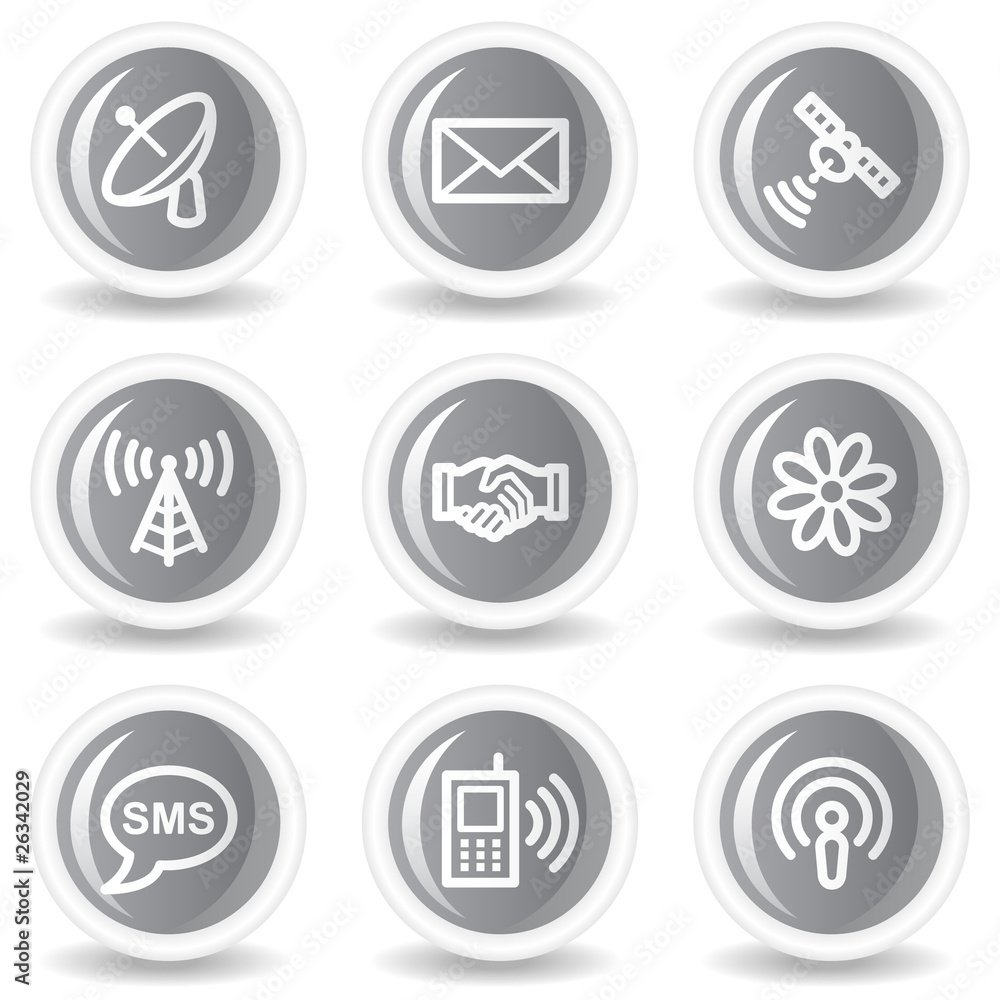 Communication web icons, circle grey glossy button Communication web icons, circle grey glossy button
