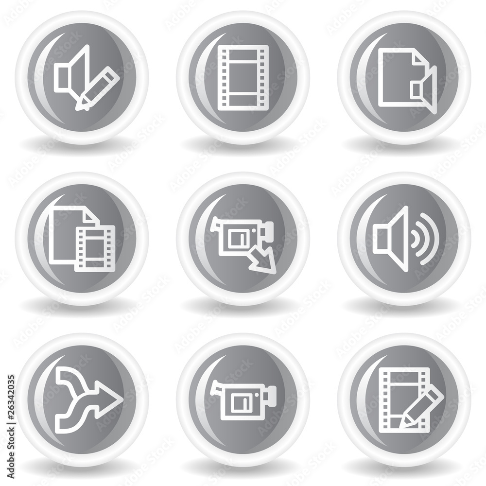 Audio video edit web icons, circle grey glossy buttons Audio video edit web icons, circle grey glossy buttons