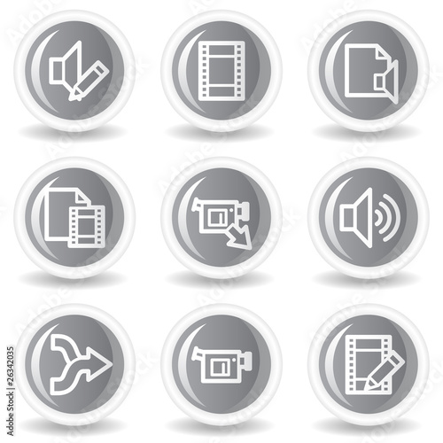 Audio video edit web icons, circle grey glossy buttons