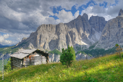 Hut in mountain landscape in the dolomites