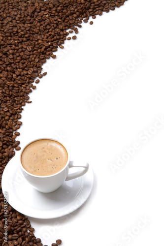Coffee cup and grain on white background