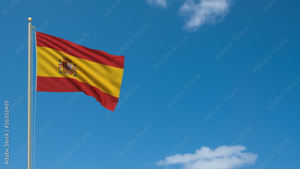 Flag of Spain waving in the wind in front of blue sky Flag of Spain waving in the wind in front of blue sky