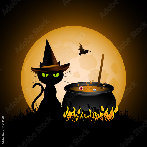 Halloween cat and cauldron