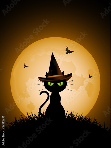 Halloween witches cat and full moon