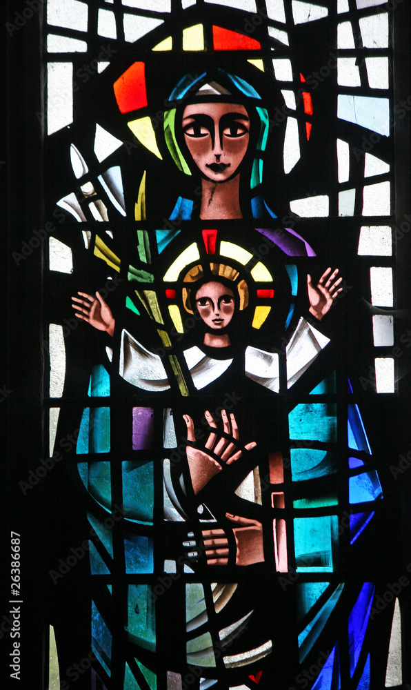 stained glass window of Mary and Jesus Stock Photo | Adobe Stock
