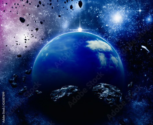 Planet in space, asteroid field