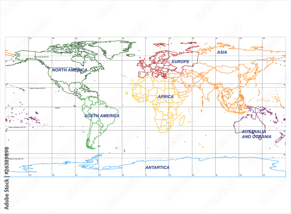 Detailed World Map with Names of Continent and Countries, vector