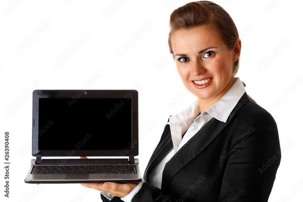smiling modern business woman holding laptop in hand smiling modern business woman holding laptop in hand