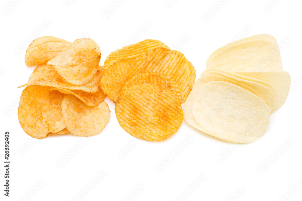 Potato chips isolated on white background Potato chips isolated on white background