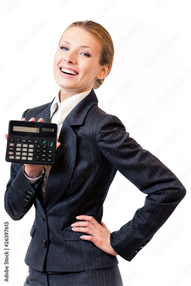 Businesswoman showing calculator, isolated on white Businesswoman showing calculator, isolated on white