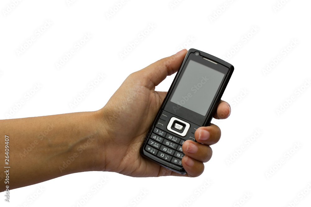 Hand holding mobile phone isolated on white Hand holding mobile phone isolated on white