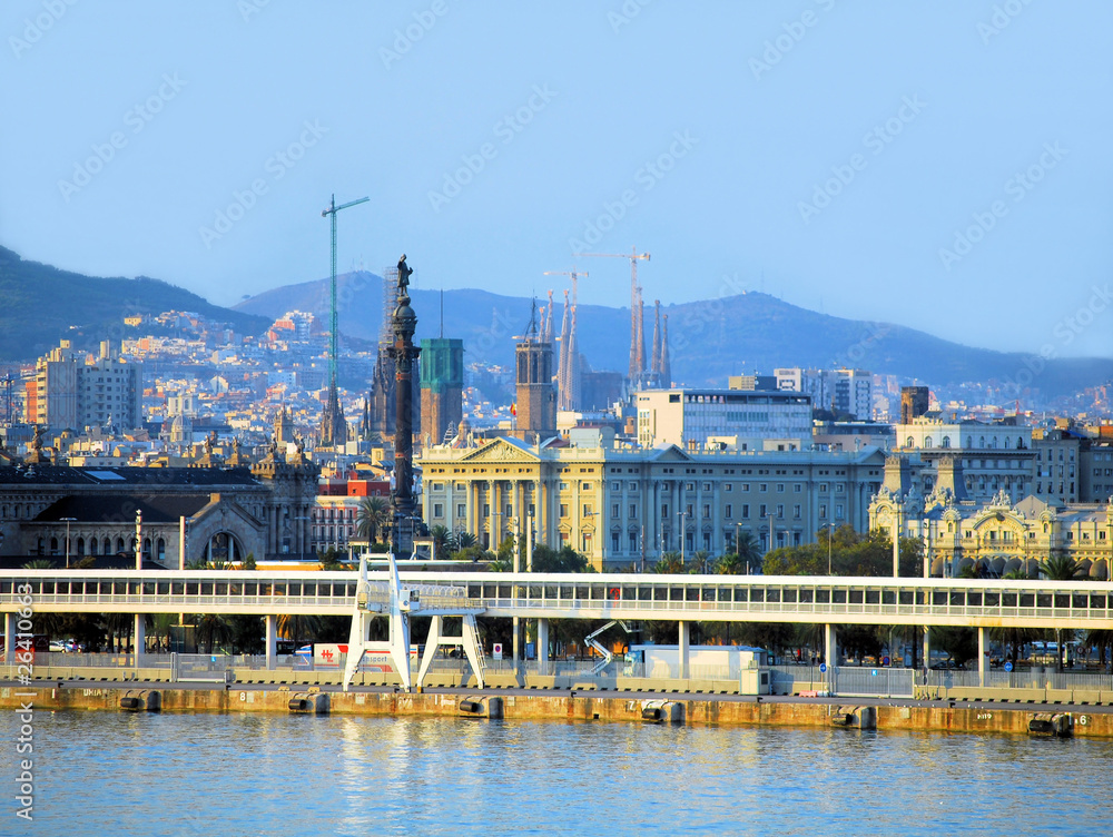 city and port of barcelona from mediterranean sea