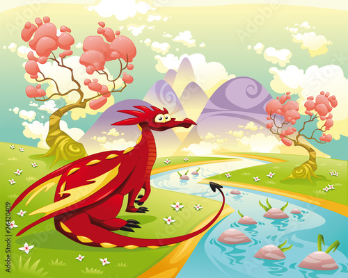 Dragon in landscape. Vector illustration, isolated objects.