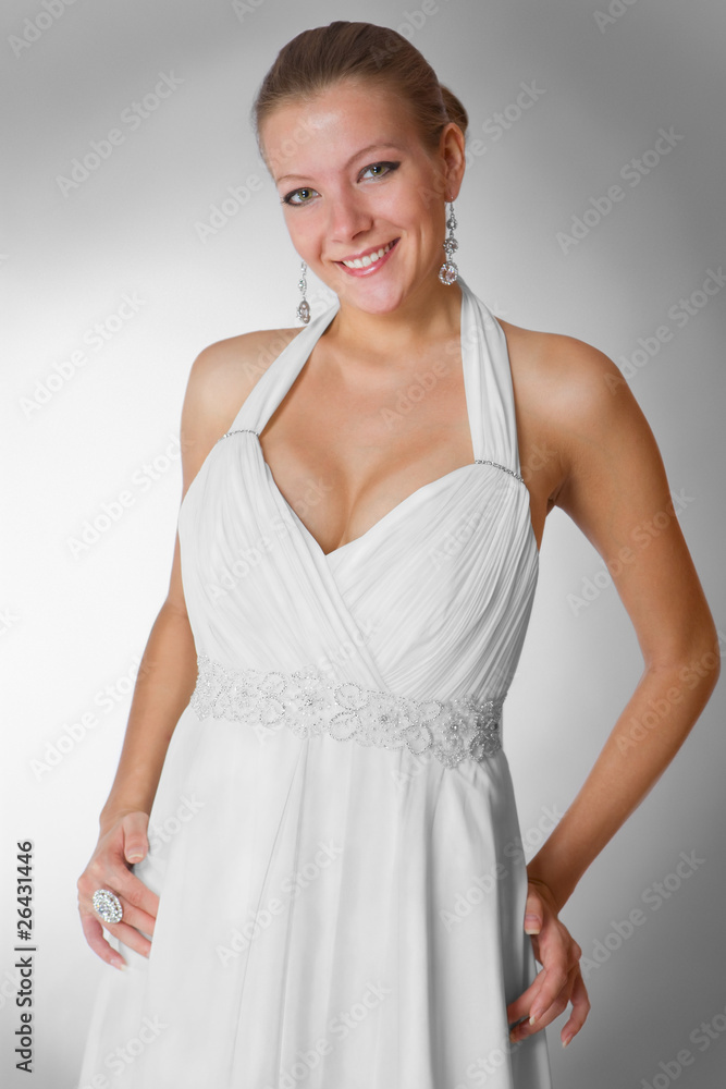 Beautiful woman wearing luxurious wedding dress studio Beautiful woman wearing luxurious wedding dress studio