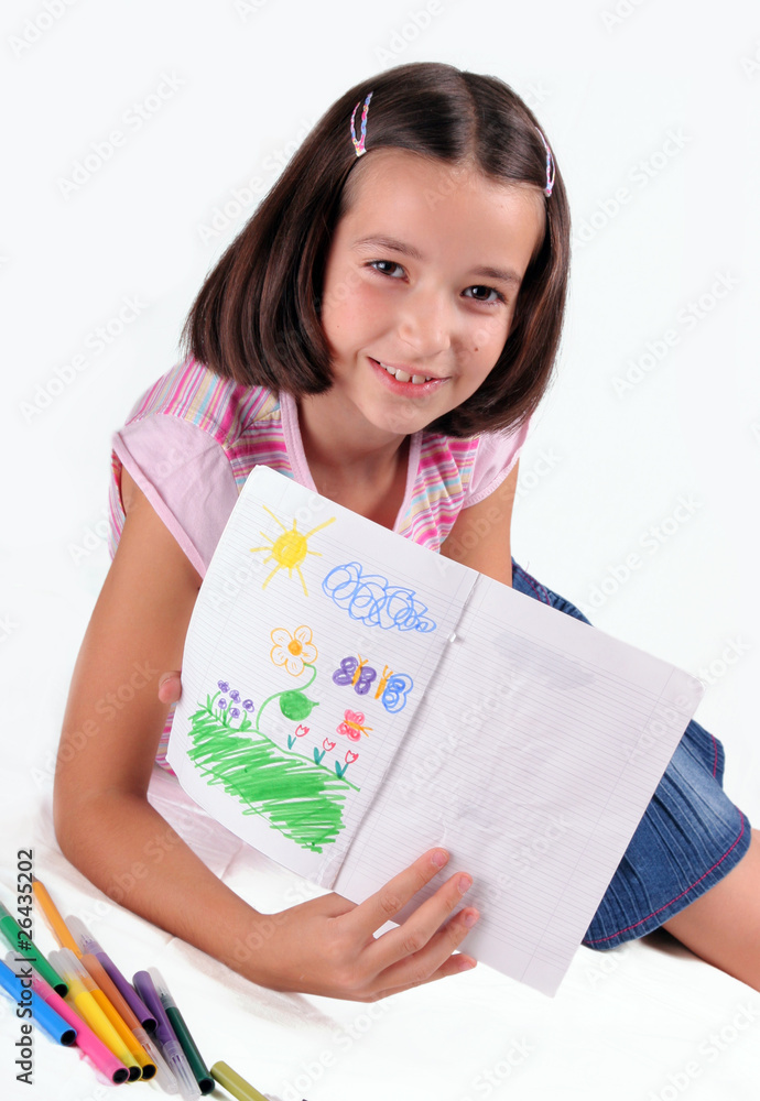 Nice young girl show her drawing Nice young girl show her drawing