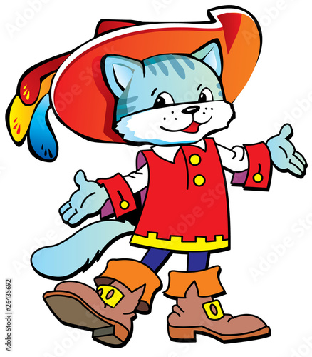 Happy Puss in Boots on a white background. Fairy-tale.