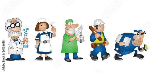 cartoon professionals scientist doctor nurse builder burglar