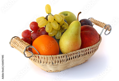 Fruit in a wicker basket on a white background