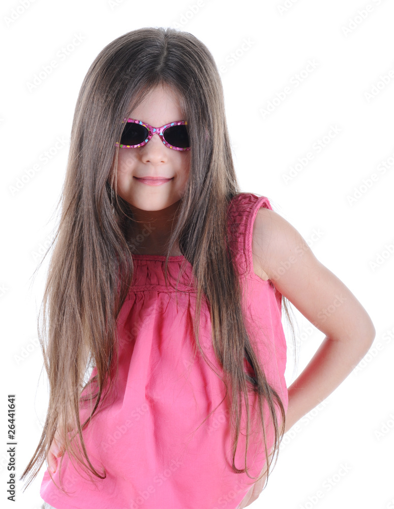 Portrait little long-haired brunette in sunglasses Portrait little long-haired brunette in sunglasses
