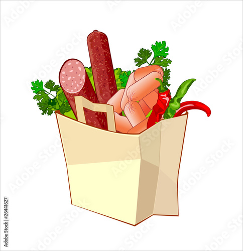 Paper bag with sausage and greengrocery
