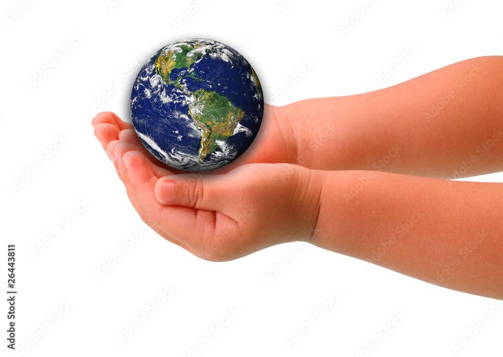 The globe in hands of the child,isolated on a white The globe in hands of the child,isolated on a white