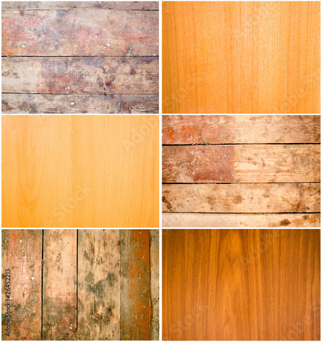 Collection of six brown wooden backgrounds on black