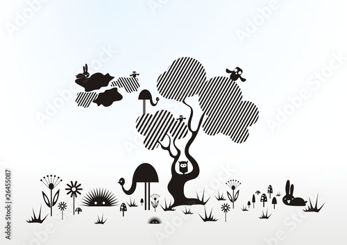 Vector abstract tree with abstract animals snd flowers