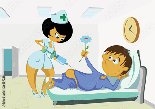 Vector: funny nurse injecting patient in the private ward.