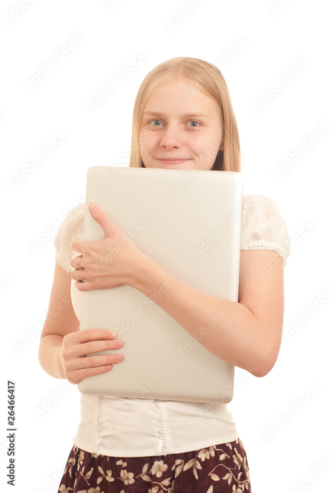 Portrait of Young adorable businesswoman hiding face with laptop Portrait of Young adorable businesswoman hiding face with laptop