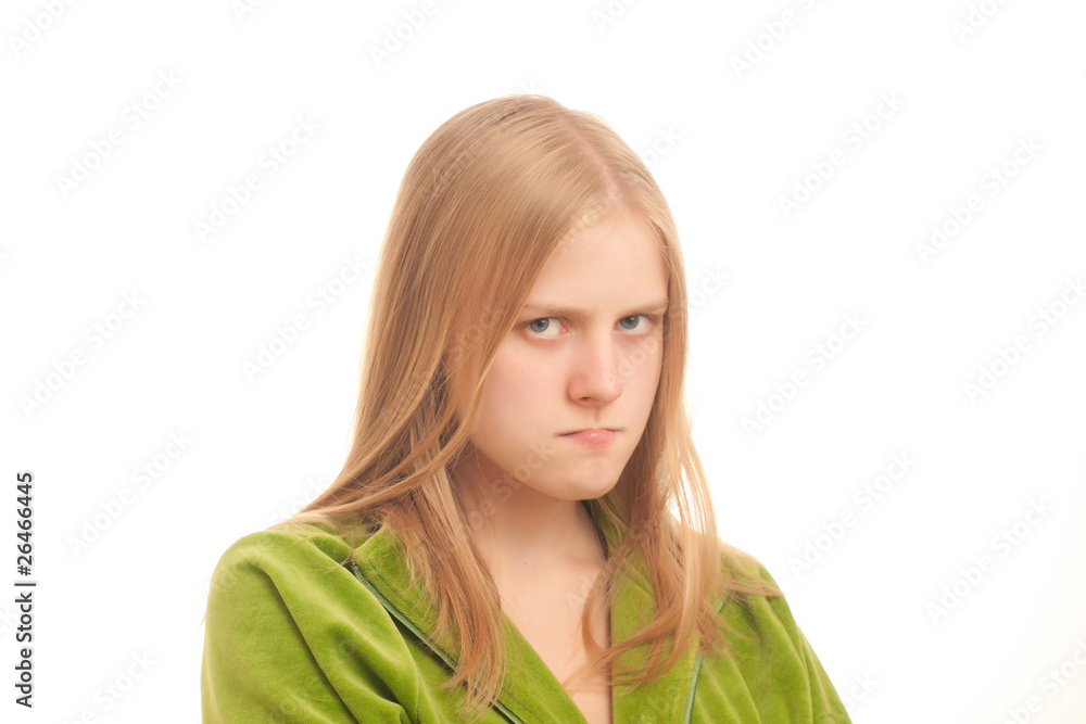 Portrait of Young serious woman moving lips on white Portrait of Young serious woman moving lips on white