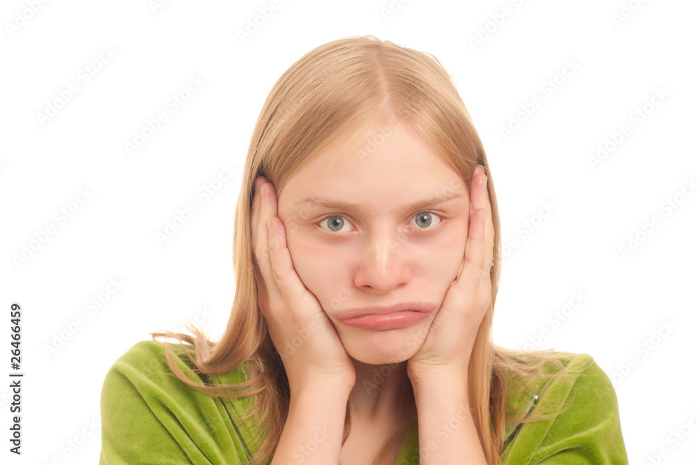 Portrait of Young curious woman deforming face like clown on whi Portrait of Young curious woman deforming face like clown on whi
