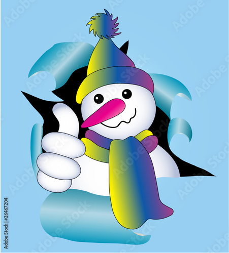 Schneemann schaut durch ein Loch