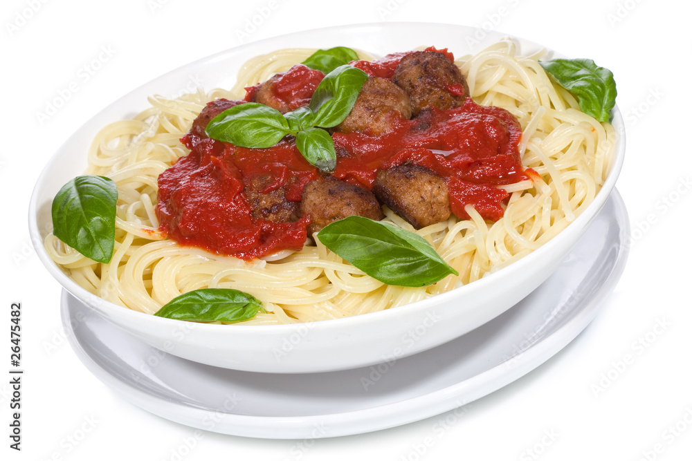 pasta with meatballs and basil with tomato sauce pasta with meatballs and basil with tomato sauce