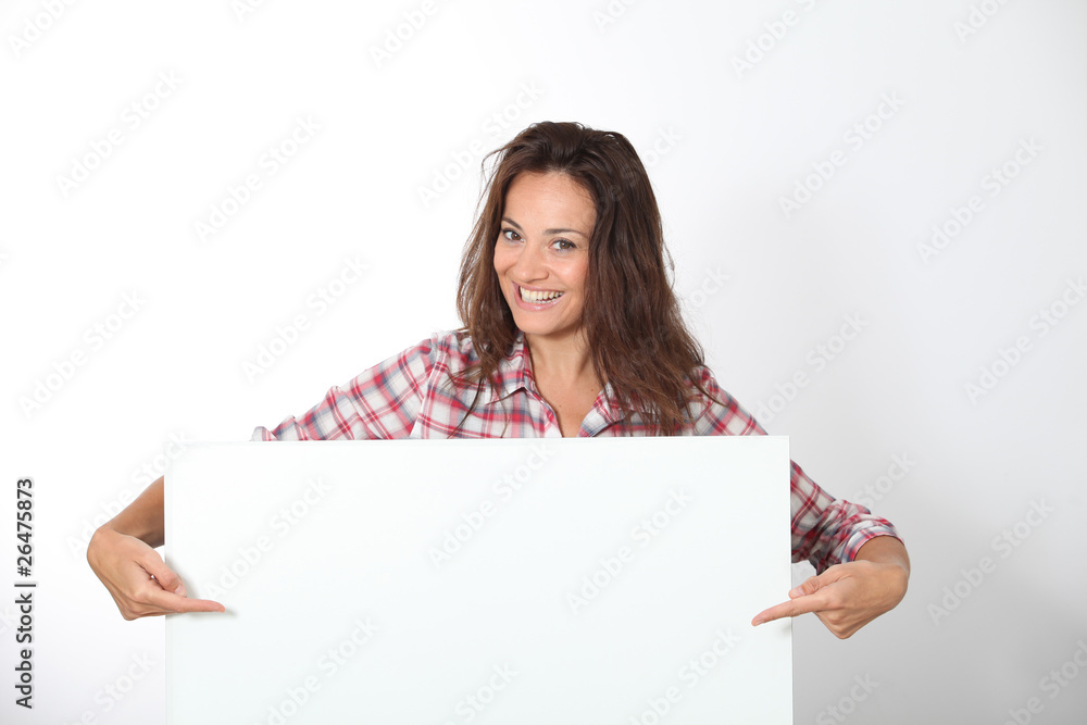 Woman showing white board on white background Woman showing white board on white background