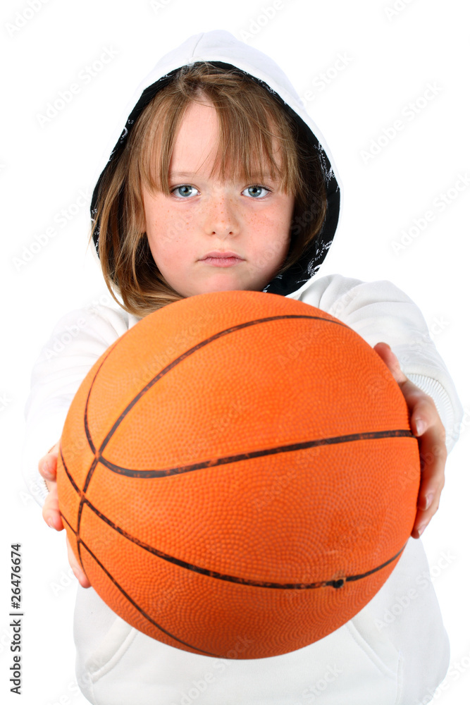 Girl in hooded sweatshirt challenging you to play basketball Girl in hooded sweatshirt challenging you to play basketball