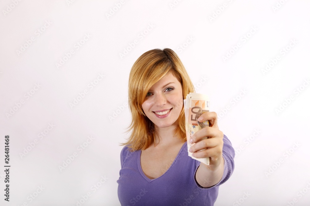 young woman with euro money young woman with euro money