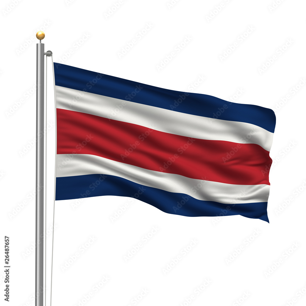 Flag of Costa Rica waving in the wind over white background Flag of Costa Rica waving in the wind over white background