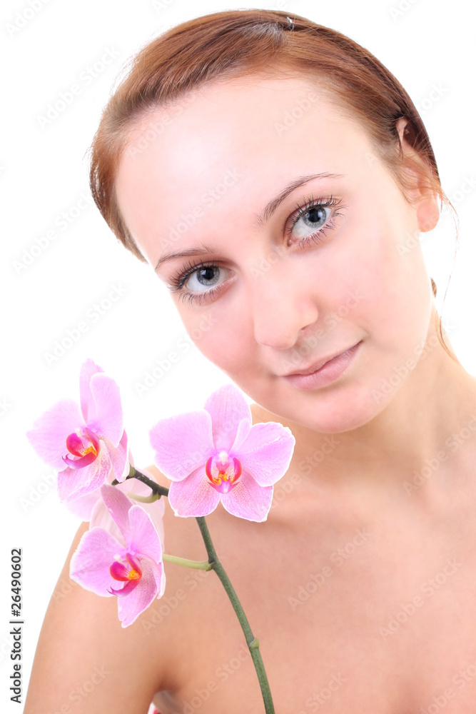 close-up portrait of young healthy red-haired woman with flower close-up portrait of young healthy red-haired woman with flower